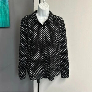 JONES NEW YORK Black White Polka Dot Button Shirt Cotton Women’s XL Roll Tab